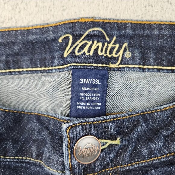 Y2K Vanity Jeans Womens 31x33 Blue Flared Leg Dark Wash Low Rise Whiskered Denim - Picture 8 of 11